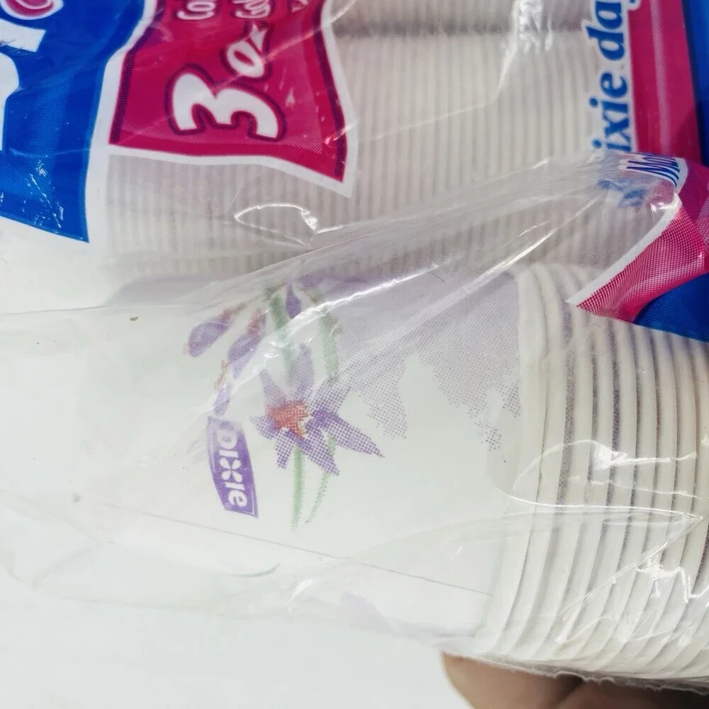 Dixie 3 oz Cold Cups Purple Floral Discontinued Open Bag Approximately 550 Count